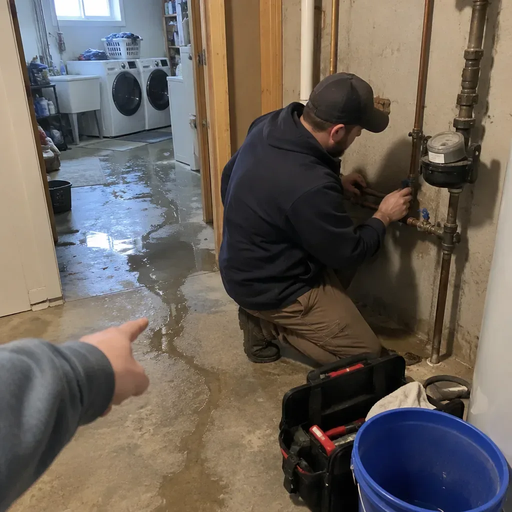 A burst water pipe in Brockton being checked over